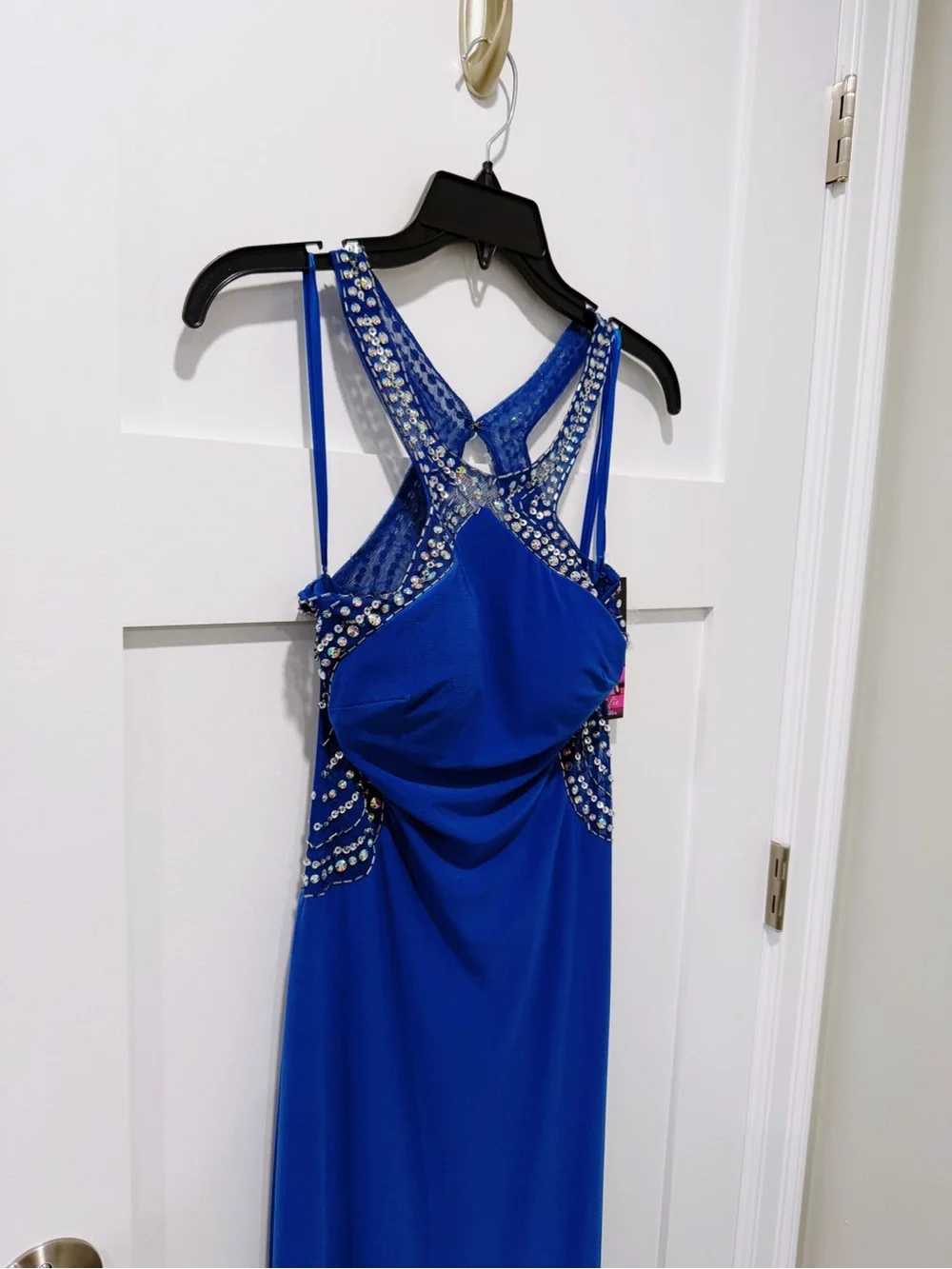 Blondie Nites High Neck Beaded Prom Gown in Royal Blue